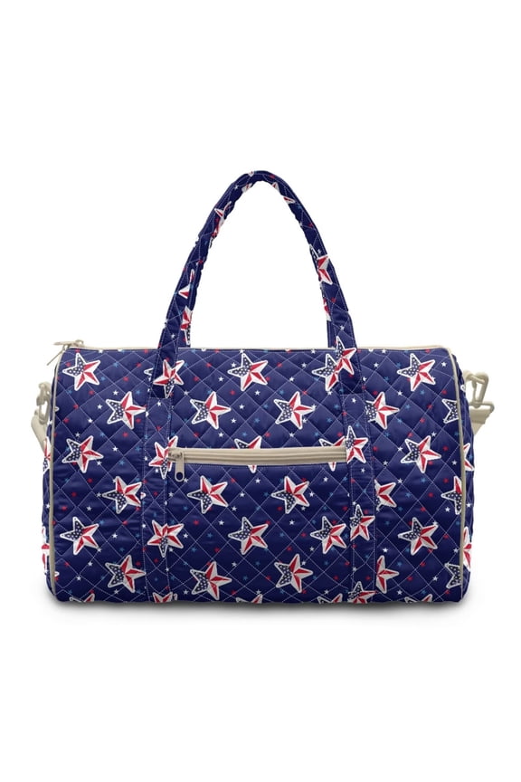 Patriotic Blue Quilted Duffle Bag for Women, Large Weekender Overnight Gym Travel Bag with Luggage Sleeve, Lightweight American Star Print Carry On Bag