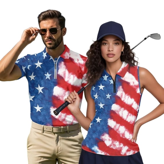Garronmavis Patriotic Star Matching Golf Shirts for Couple Quarter Zip His and Hers Golf Shirts Matching Moisture Wicking Mens Hawaiian Shirt Lapel Design Golf Accessories for Men