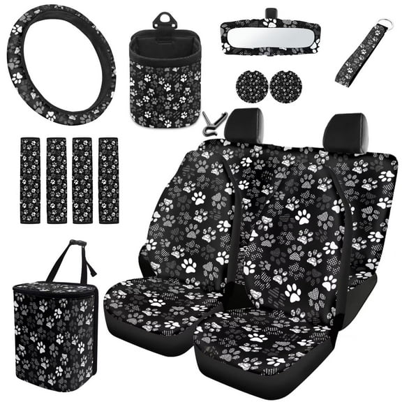 Garronmavis Paw Print 15pcs Automobile Interior Sets Car Front Back Seat Covers Steering Wheel Cover Rearview Mirror Cover Seat Belt Cover Coasters Keychain Garbage Can Air Vent Phone Key Pouch