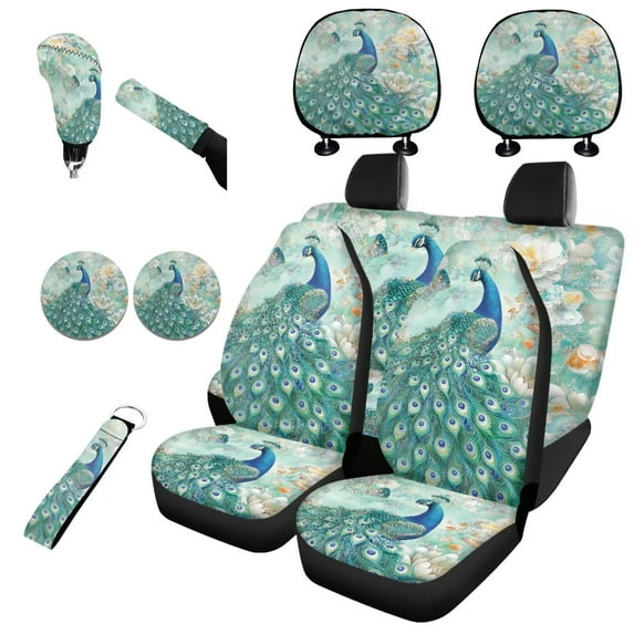 Garronmavis Peacock Print Car Seat Covers Set Universal Interior Accessories with Auto Headrest Cover+Handbrake Gear+Shift Knob Cover+Auto Cup Coaster+Wristlet Keychain Pack 11 Pcs