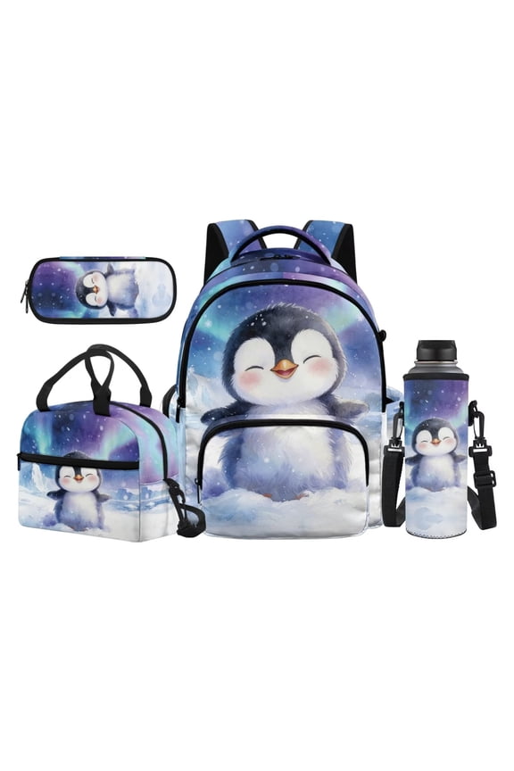 Penguin Winter Backpack Pack, 17 Inch Spacious Kids Bookbag Comes with Thermal Lunch Box, Stationery Bag and Water Bottle Carrier for Elementary Students