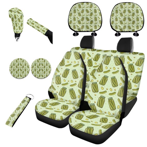 Garronmavis Pickled Cucumber Car Seat Covers Full Set for Sedan Van Truck with Auto Headrest Cover Handbrake Gear Shift Knob Cover Auto Cup Coaster Wristlet Keychain Universal Fit Set