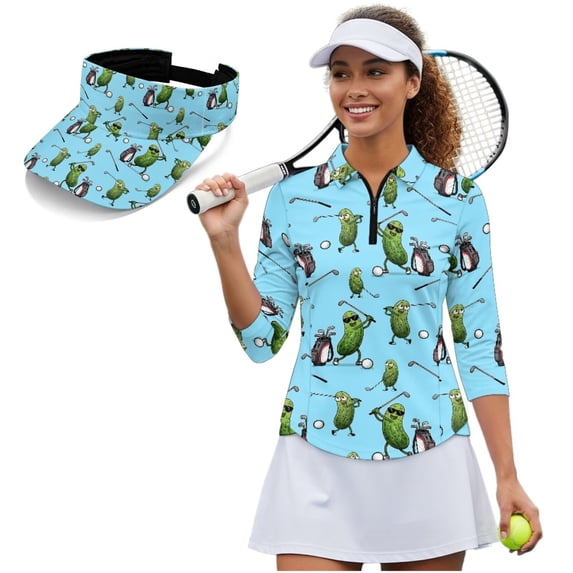 Garronmavis Pickles Women's Golf Shirt and Sun Visor Hat Set Lightweight 3/4 Sleeve Golf Shirts Fit Plain Sports Sun Visor Hat for Camping Fishing Music Festival Machine Washable