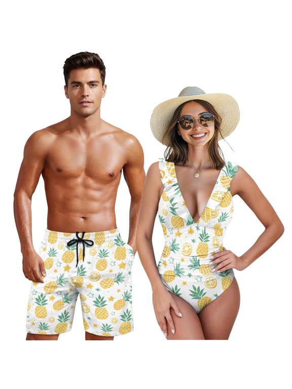 Pineapple Matching Swimsuits for Couples Womens V Neck One Piece Swimsuits Tummy Control Slimming Swimwear and Men Swimming Trunks Casual Lightweight Shorts-M