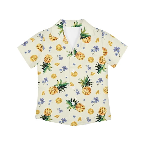 Garronmavis Pineapple Print Shirt 15-16 Teen Boys Girls Button Down Hawaiian Shirts Short Sleeve Lightweight Comfy Summer Clothes for Beach Vacation,Summer Holiday & School Daily Wear