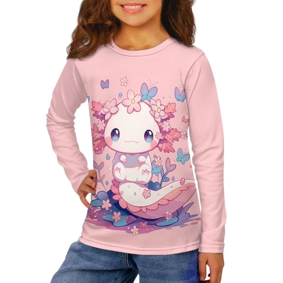 Garronmavis Pink Axolotl Girls Long Sleeve T-Shirts 7-8 Lightweight Flowers Kids Crewneck T-Shirts Fall Tops Comfortable Kids Basic Soft Long Sleeve Tees Top for Outdoor Activities
