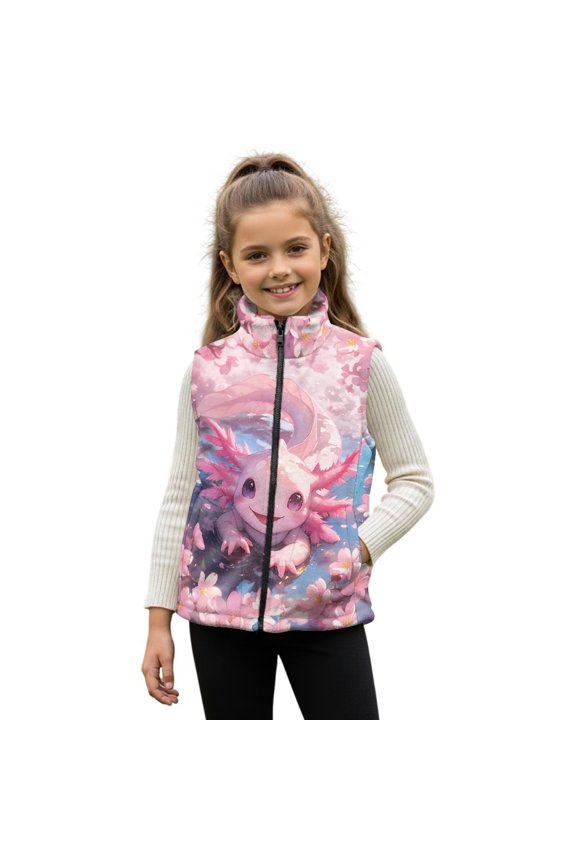Pink Axolotl Girls Outerwear Vest Size 9-10 Comfortable Cherry Blossom Zipper Winter Quilted Sleeveless Jacket with Pockets Stylish Warm Sleeveless Jacket for Spring Fall
