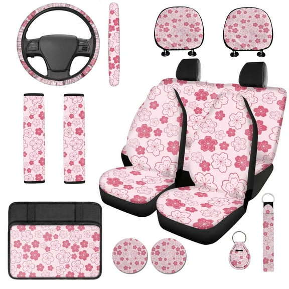 Garronmavis Pink Blossom Car Seat Covers Set 14 Pack Car Headrest Cover Steering Wheel Protector Auto Armrest Cover Seat Belt Pads Key Ring and Cup Coaster Compatible with Most Cars,SUV