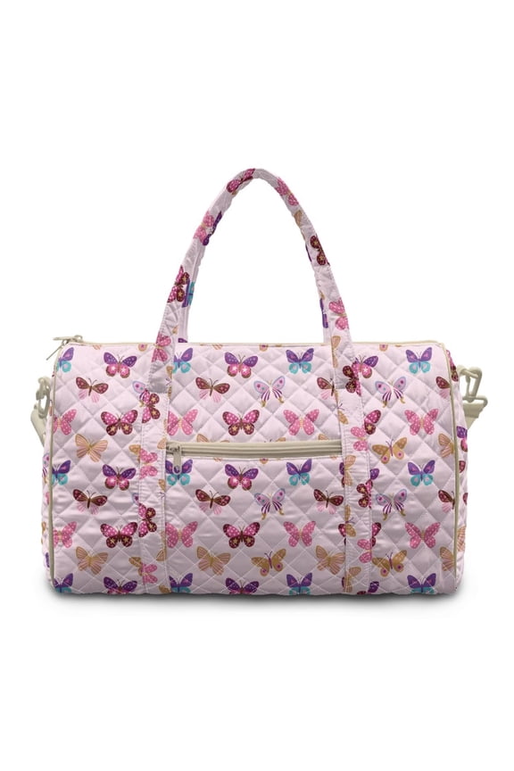 Pink Butterfly Print Large Quilted Duffle Bag for Women, Weekender Travel Bag Carry On Overnight Bag, Lightweight Gym Dance Tote with Zipper Pockets