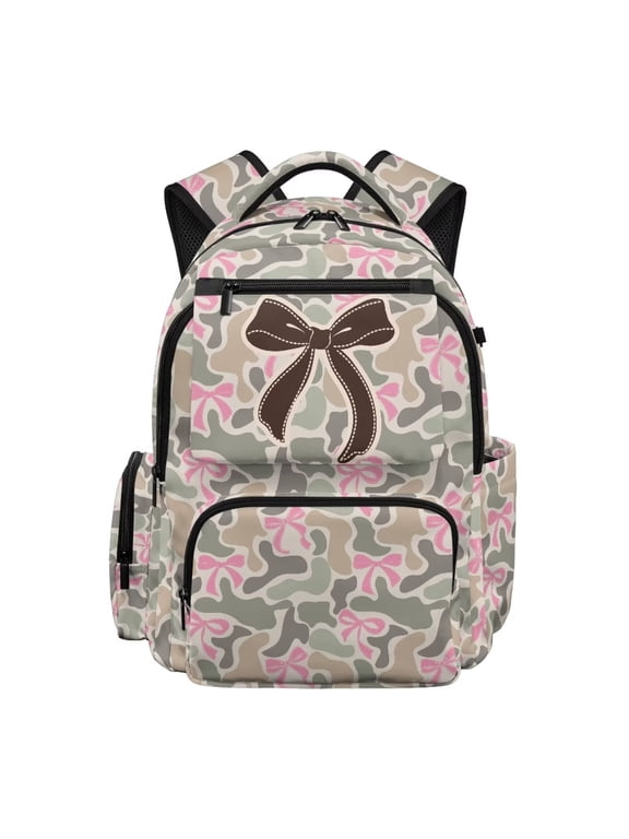 Pink Camo Bow Kids Backpack Adjustable Shoulder Straps School Bag Multi-Pocket Book Bag 17 inch for 8-12 Elementary School Students Back to School Gift