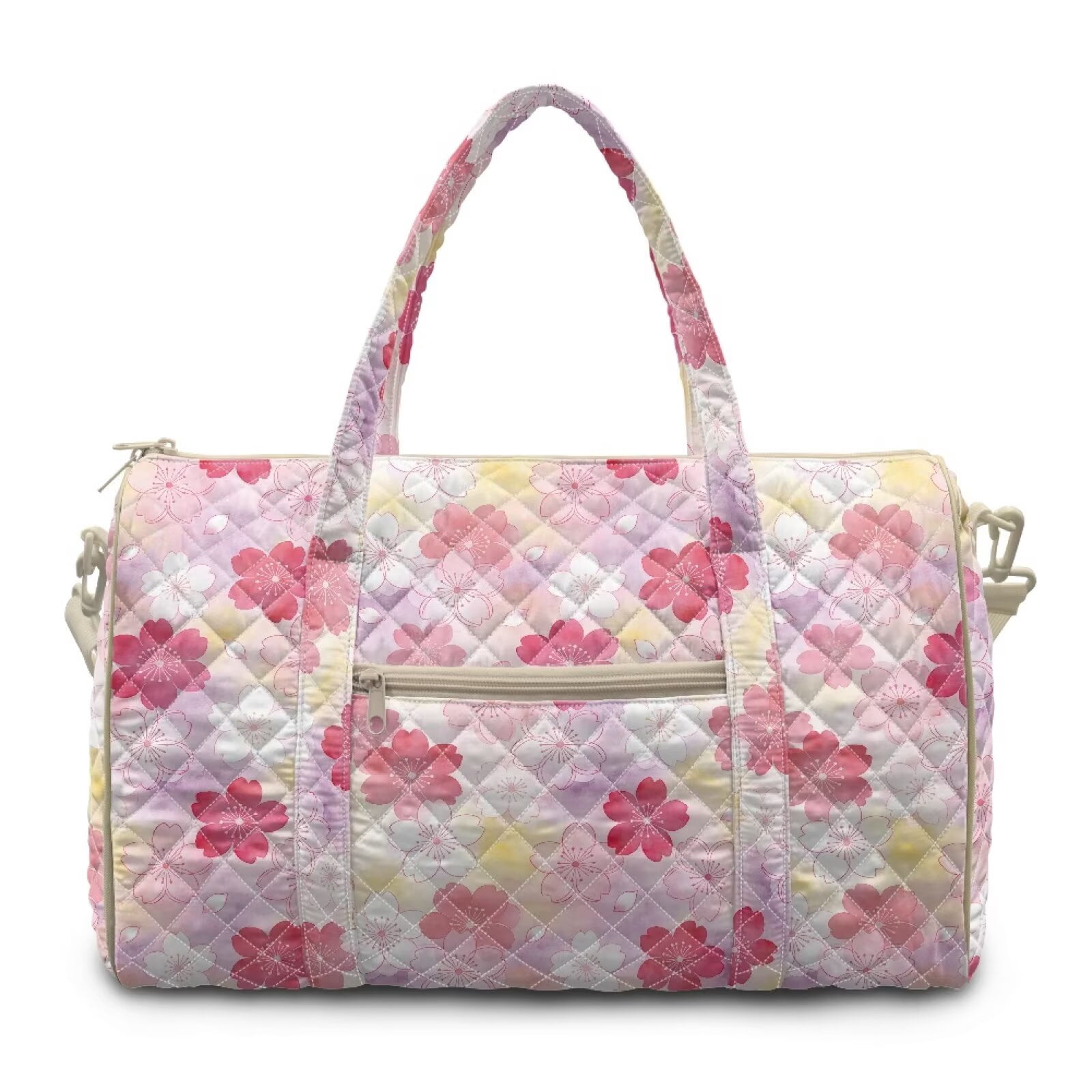 Garronmavis Pink Cherry Blossom Large Quilted Duffle Bag for Women, Weekender Travel Bag Carry On Bag with Zipper Pockets, Cute Gym Overnight Dance Tote