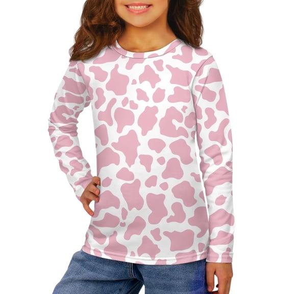 Garronmavis Pink Cow Print Girls Long Sleeve T-Shirts 7-8 Soft Casual Crewneck Loose Fit Tee Tops for Girls Warm Kids Basic Soft Long Sleeve Tees Top for Outdoor Activities