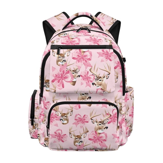 Garronmavis Pink Deer Bow Backpack for Girls, 17 Inch Lightweight School Bag for Ages 9-12, Elementary Backpack with 600D Breathable & Multi-Pockets