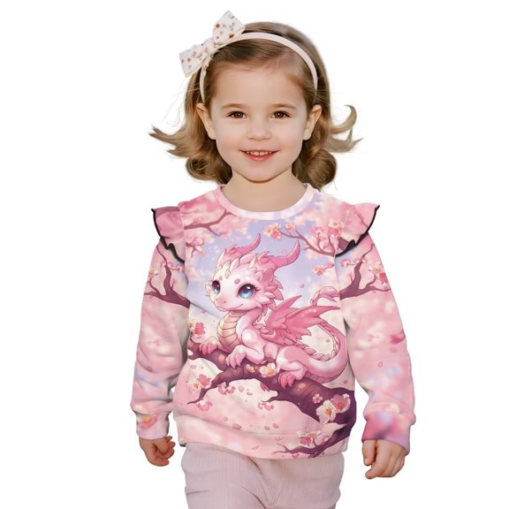 Garronmavis Pink Dragon Toddler Girl Sweatshirt Loose Cherry Blossom Long Sleeve Pullover Crewneck Tops Shirts Comfortable Ruffle Long Sleeve Girls Top Stylish for Girls 1-2 Years Old