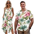 thumbnail image 1 of Garronmavis Pink Hibiscus Couples Matching Outfits Mens Button Down Shirt Palm Tree Lightweight Shirts and Womens Sleeveless Dress with Pocket Polyester Midi Tank Dresses, 1 of 7