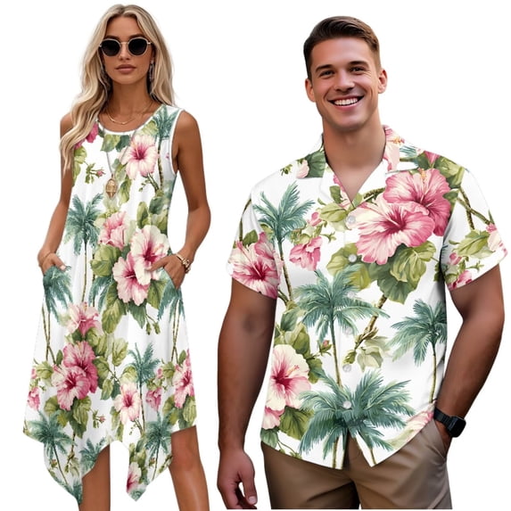 Garronmavis Pink Hibiscus Couples Matching Outfits Mens Button Down Shirt Palm Tree Lightweight Shirts and Womens Sleeveless Dress with Pocket Polyester Midi Tank Dresses