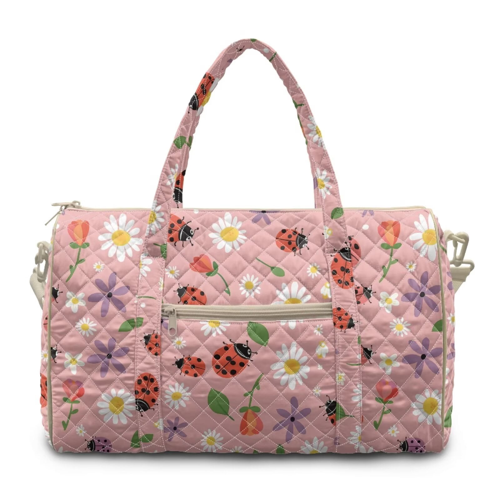 Garronmavis Pink Ladybug Floral Large Quilted Duffle Bag for Women, Weekender Travel Bag Overnight Bag Carry On Gym Dance Tote with Zipper Pockets, Luggage Sleeve Compatible