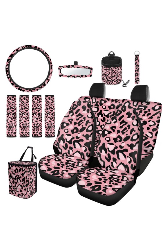 Pink Leopard 13 Pcs Car Accessories Set 4 Pieces Car Seat Covers Steering Wheel Cover Keychain Car Trash Can Car Dash Accessories Vehicle Rearview Mirror Protective Cover