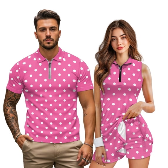 Garronmavis Pink Polka Dot Matching Couple Golf Outfit Men Quick Dry Short Sleeve Zip Shirt Women Sleeveless Tennis Dress with Built-In Pocketed Shorts for Hiking Sports Vacation