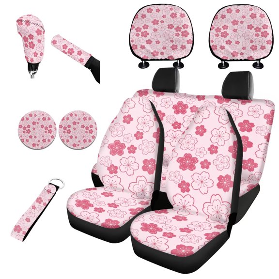 Garronmavis Pink Sakura Pattern Car Seat Covers Full Set Universal with Auto Headrest Covers Handbrake Gear Shift Knob Cover Auto Cup Coaster Wristlet Keychain Breathable Decor Accessories