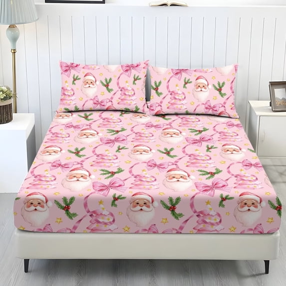 Garronmavis Pink Santa Claus Print 3 Piece Bedding Set, Soft Breathable Fitted Sheet with 2 Pillow, Cute Christmas Themed Bedroom Decor for Kids Adults, 198cm*203cm