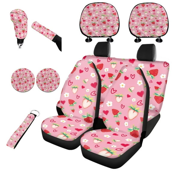 Garronmavis Pink Strawberry Car Seat Covers Set for Women Easy to Install Accessories Auto with Auto Headrest Cover+Handbrake Gear+Shift Knob Cover+Auto Cup Coaster+Wristlet Keychain