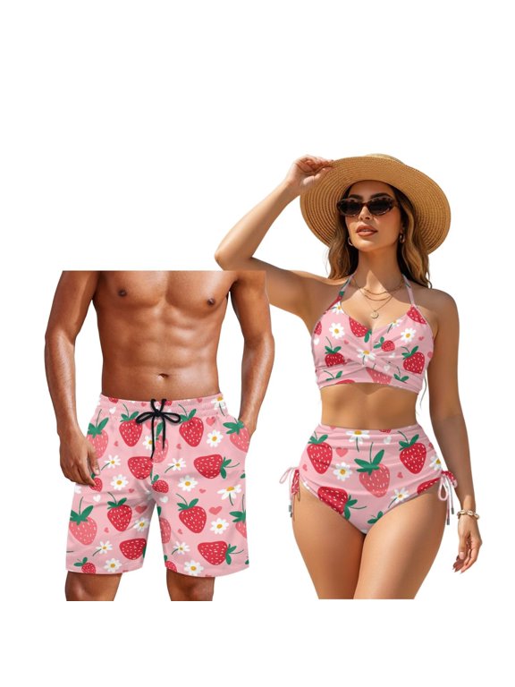 Pink Strawberry Hawaiian Matching Swimsuits for Couples Sexy Bikini Sets for Women Criss Cross s Tie Side Bathing Suits Cheeky Swimwear and Men's Swimming Trunks Quick Dry Shorts