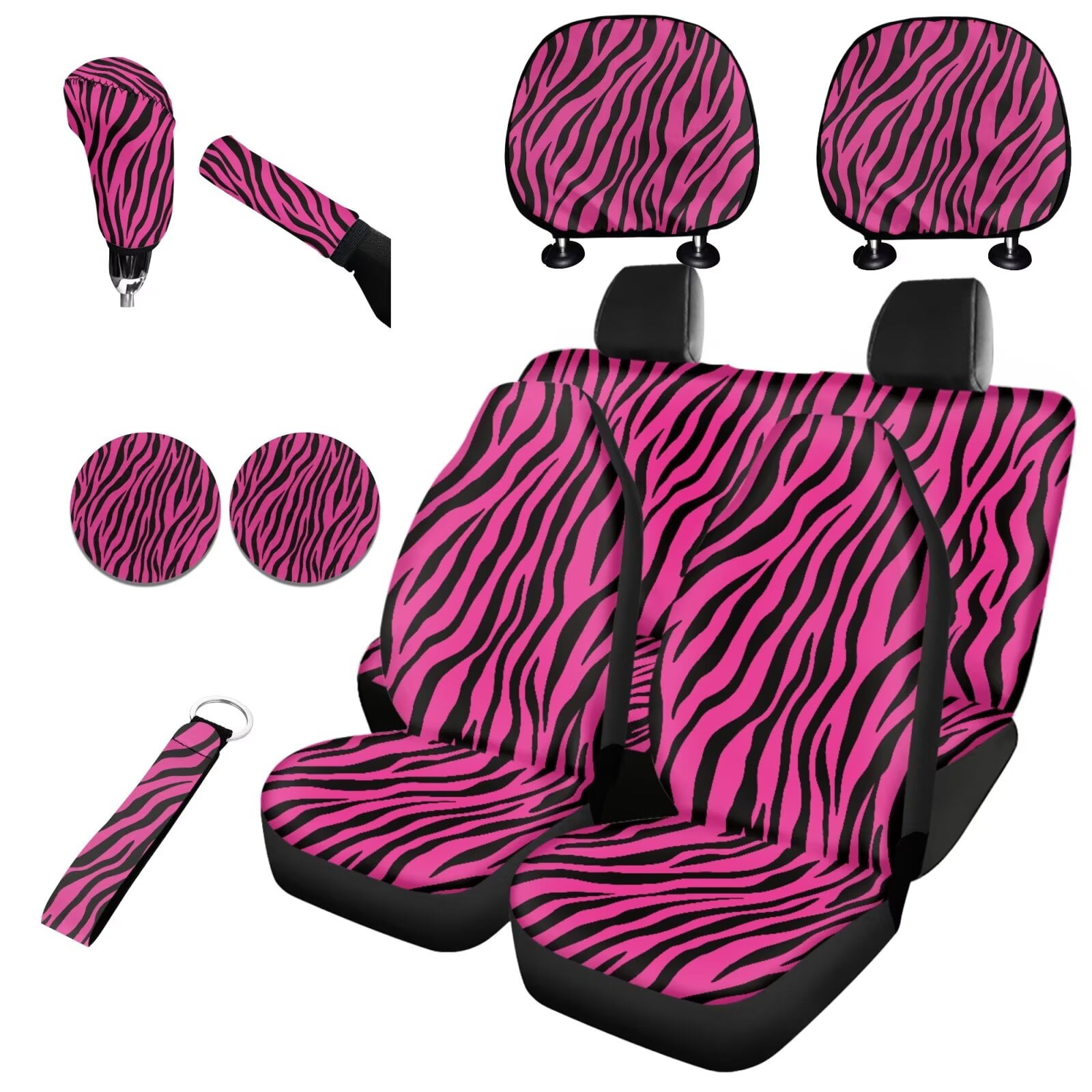 Garronmavis Pink Zebra Stripe Car Seat Cover Full Set of 11pcs with Headrest Protector Lanyards Key Chain Cup Pad Gear Shift Knob and Handbrake Sleeve Automotive Seat Cover Accessories