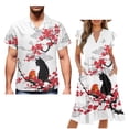 thumbnail image 1 of Garronmavis Plum Blossom Cat Couple Matching Outfit Womens Short Sleeve Dress Flowy Beach Party Dresses Size 3XL and Mens Button Down Shirt Soft Hawaiian Blouse Tops, 1 of 7