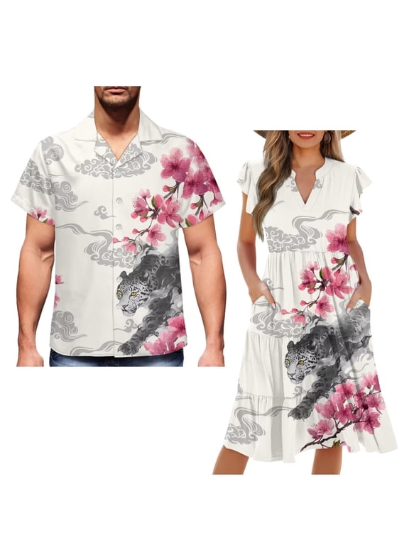 Plum Blossom Tiger Matching Couple Outfits Husban and Wife Clothing Light Mens Short Sleeve Shirt Size 5XL Summer Workwear and Womens V-neck Hawaiian Dress