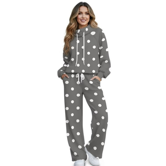 Garronmavis Polka Dot Sweat Set Gray Sweatsuit Women Sweat Sets for Women 2 Piece Outfits Wide Leg Sweatpants Joggers Lounge Wear, Size M