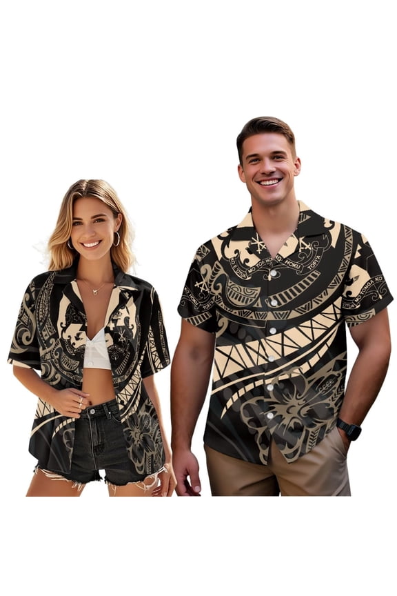 Polynesian Couple Matching Outfit Men's Button Up Shirt Fashion Summer Beach Shirts Workwear and Women's Short Sleeve Shirts Light Hawaiian Outfits