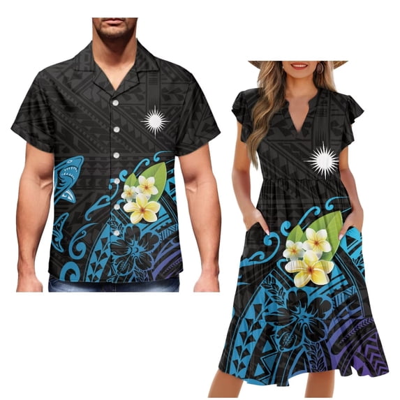 Garronmavis Polynesian Couple Matching Outfit Plumeria Womens Short Sleeve Dress with Pocket Summer Party Dresses Size 2XL and Button-Down Shirt for Men Comfort Beach Shirts