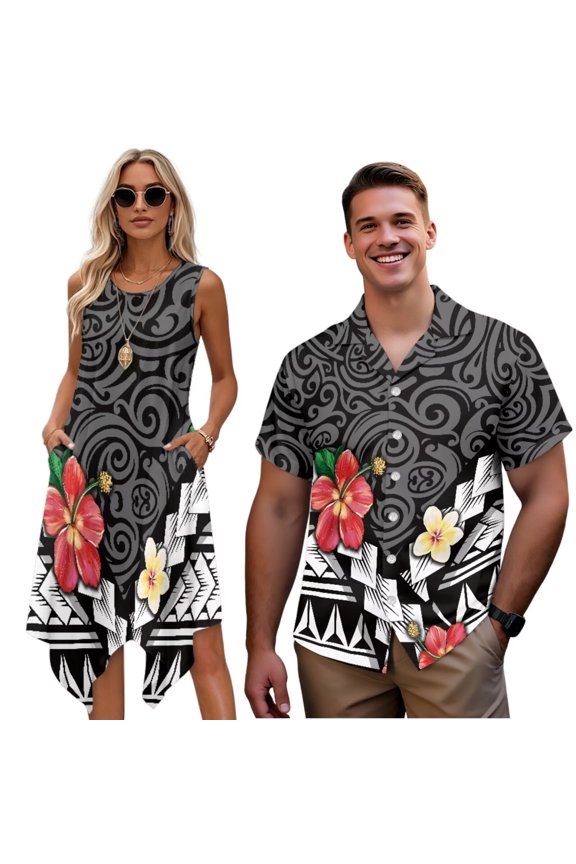 Polynesian Hibiscus His and Hers Matching Outfits Plumeria Mens Button Up Shirt Loose Hawaiian Tops Size 6XL Lightweight Mens Short Sleeve Button Down Shirts