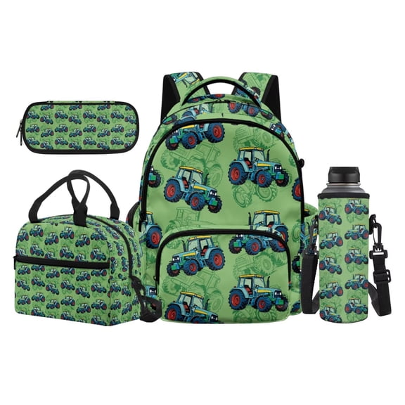 Garronmavis All Over Print Green Farm Tractor 4 In 1 Backpack Combo, Large Capacity 17 Inch Student Daypack with Thermal Lunch Tote, Stationery Pouch & Drink Bottle Sleeve for Farming Boys