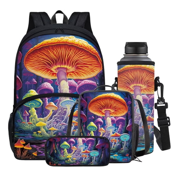 Garronmavis Psychedelic Hippie Mushroom School Backpack for Boys Kids Travel Backpack Insulated Lunch Bag Pen Case Bag Water Holder Case, Primary School Bookbags for Outdoor Camping Sports