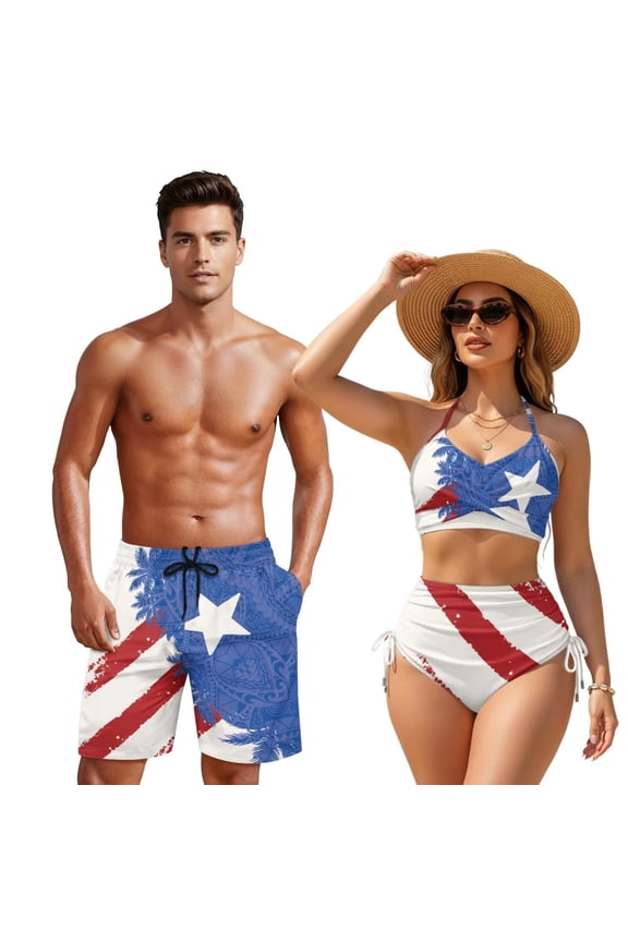 Puerto Rico Flag Couple Swimsuits Matching Set Hawaii Bikini Sets for Women String Criss Cross Back Bathing Suits and Mens Swim Trunks Surfing Board Shorts