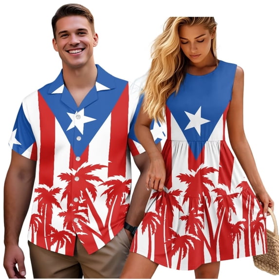 Garronmavis Puerto Rico Flag Matching Couple Outfits Short Sleeve Shirt for Men Size 4XL and Womens Casual Dress Patchwork Ruffles Sleeveless Sundresses