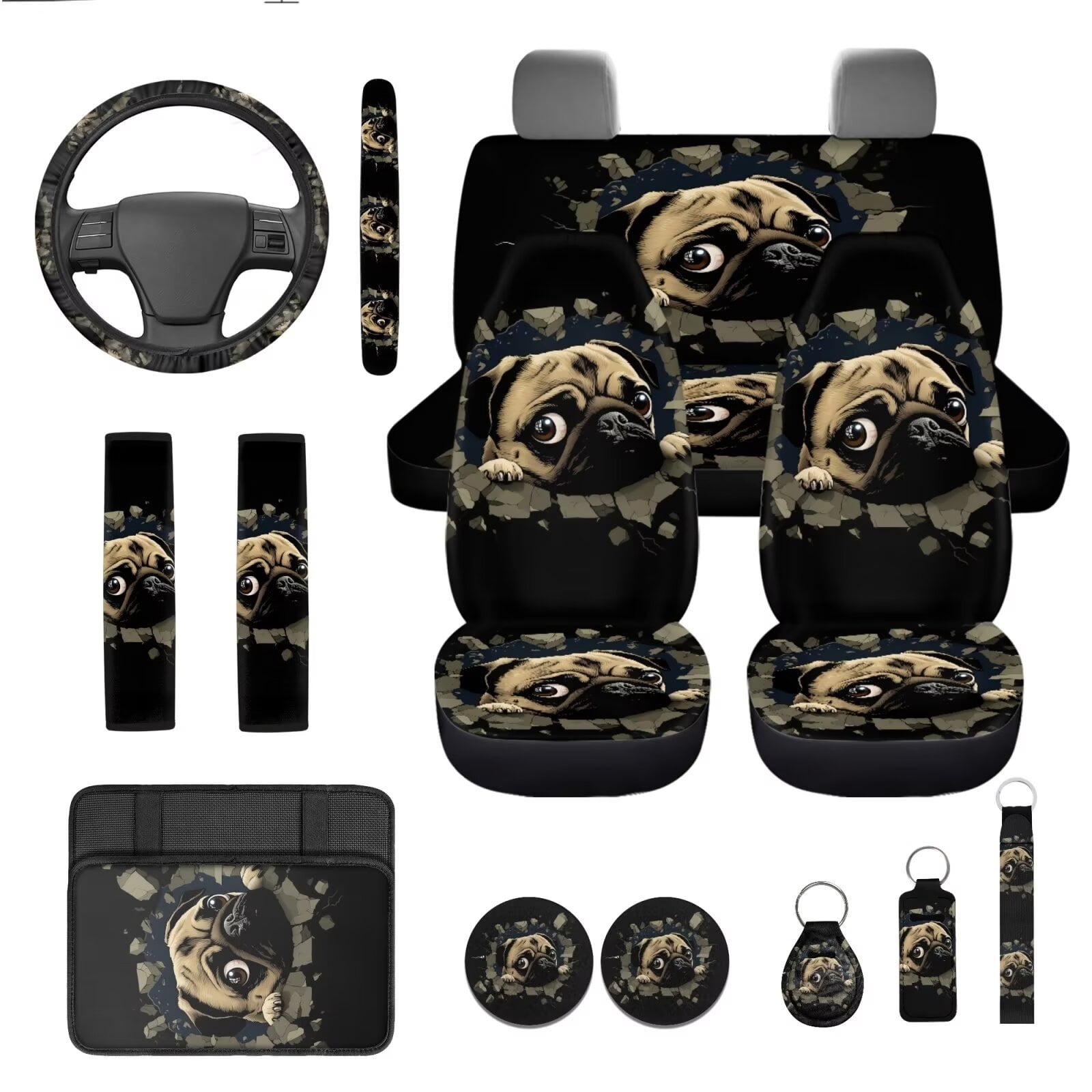 Garronmavis Pug Full Set of 13 Car Seat Covers Auto Interior Accessories Auto Keychains Lipstick Cover Cup Mats Seat Belt Cover Steering Wheel Cover