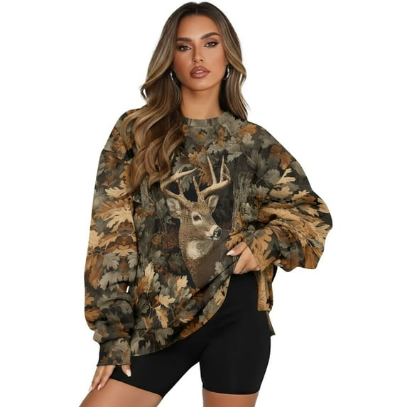 Garronmavis Pullover for Women Camouflage Size L Oversized Camouflage Deer Long Sleeve Soft Fall Winter Outfits Crewneck Sweatshirt for Women