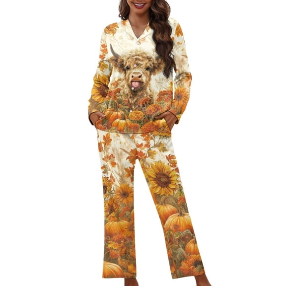 Garronmavis Pumpkin Highland Cow 2 Piece Pajama Set for Women Button Down Long Sleeve Pjs Sets Soft Comfy Loungewear Sleepwear Night Suits