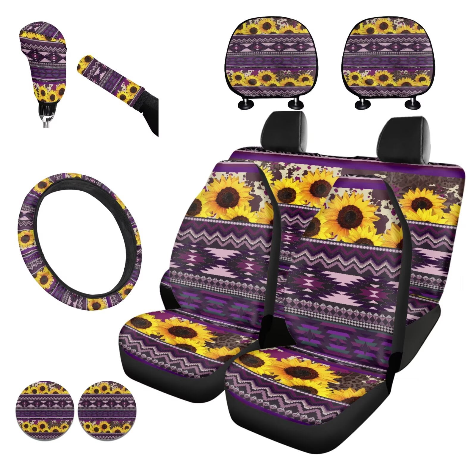 Garronmavis Purple Aztec Sunflower Universal Car Seat Covers Full Set for Steering Wheel Wrap Gear Shift Cover Handbrake Sleeve Headrest Protectors Cup Coasters Super Breathable Car Seat Cushion