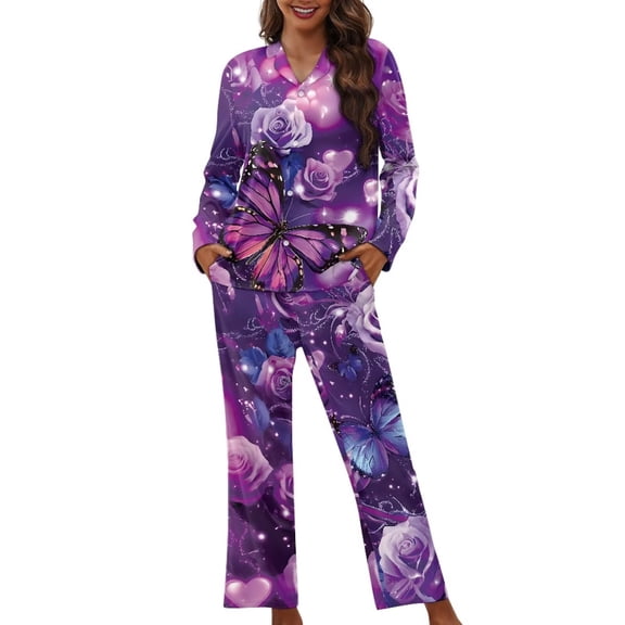 Garronmavis Purple Butterfly Flower Pajama Set for Women Classic Button Down Long Sleeve Sleepwear Breathable Comfy Lounge Sets with Pockets