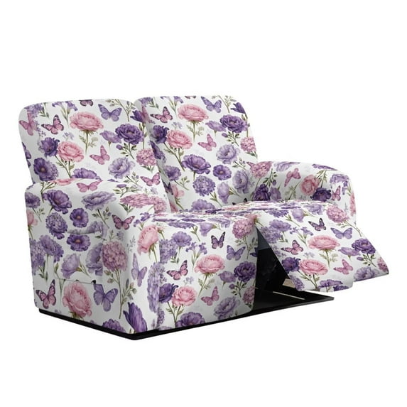 Garronmavis Purple Butterfly Flowers Recliner Chair Covers 6-Pieces Stretch Large Couch Covers for 2 Seats Reclining Slipcovers with Elastic Bottom Protector for Dogs Cats Easy to Install