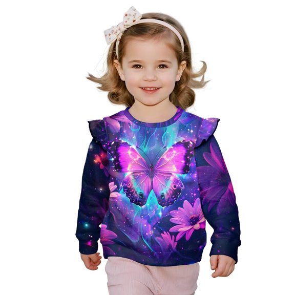 Garronmavis Purple Butterfly Girls Sweatshirts Fashion Flowers Pullover Drop Shoulder Sweater Top 5T Polyester Spandex Fabric Ruffle Long Sleeve Girls Top Stylish for Outdoor Activities