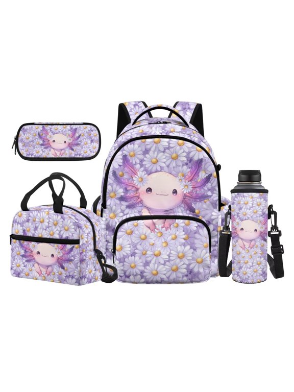 Purple Daisy Floral Big Face Axolotl Backpack Set, 17 Inch Spring Flower Elementary Daypack with Insulated Lunch Pack, Pen Pouch and Accessory Water Bottle Sleeve