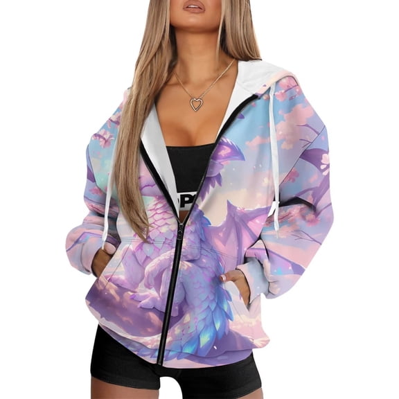 Garronmavis Purple Dragon Women Sweatshirt Oversized Long Sleeve Lightweight Cozy Womens Oversized Zip Up Sweatshirt Warm Soft Fall Sweaters Hoodies Zip Up Pullover Shirts Clothes