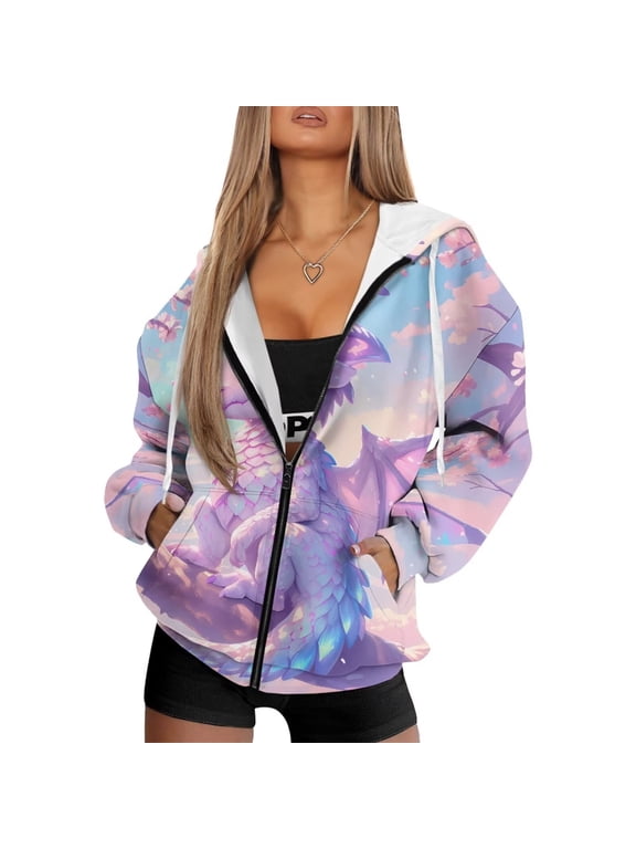 Purple Dragon Women Sweatshirt Oversized Long Sleeve Lightweight Cozy Womens Oversized Zip Up Sweatshirt Warm Soft Fall Sweaters Hoodies Zip Up Pullover Shirts Clothes