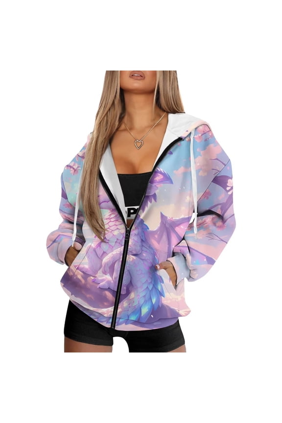 Purple Dragon Women Sweatshirt Oversized Long Sleeve Lightweight Cozy Womens Oversized Zip Up Sweatshirt Warm Soft Fall Sweaters Hoodies Zip Up Pullover Shirts Clothes