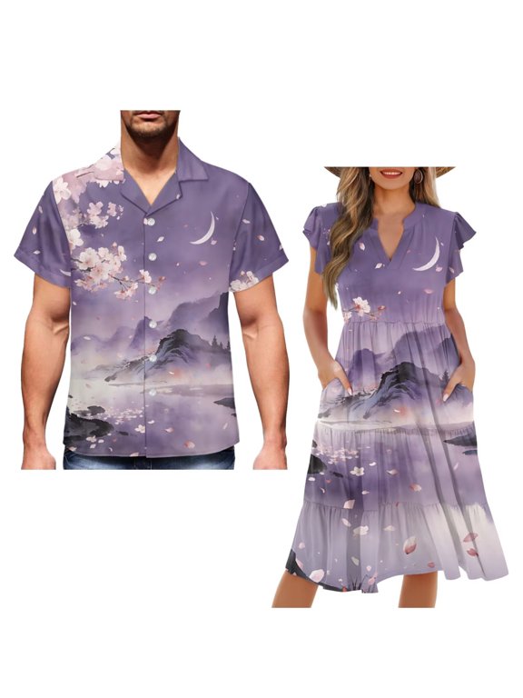 Purple Fairyland Matching Outfits for Couples Mens Button Up Shirt Summer Beach Shirts Workwear and Womens Short Sleeve Dress A-Line Summer Party Dresses Size 6XL